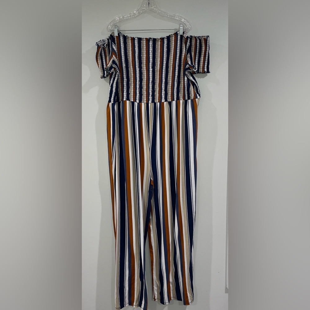 Rue 21 Off-the-Shoulder Striped Jumpsuit - Brown & Blue & Tan & Orange, Size 3X - Picture 3 of 7